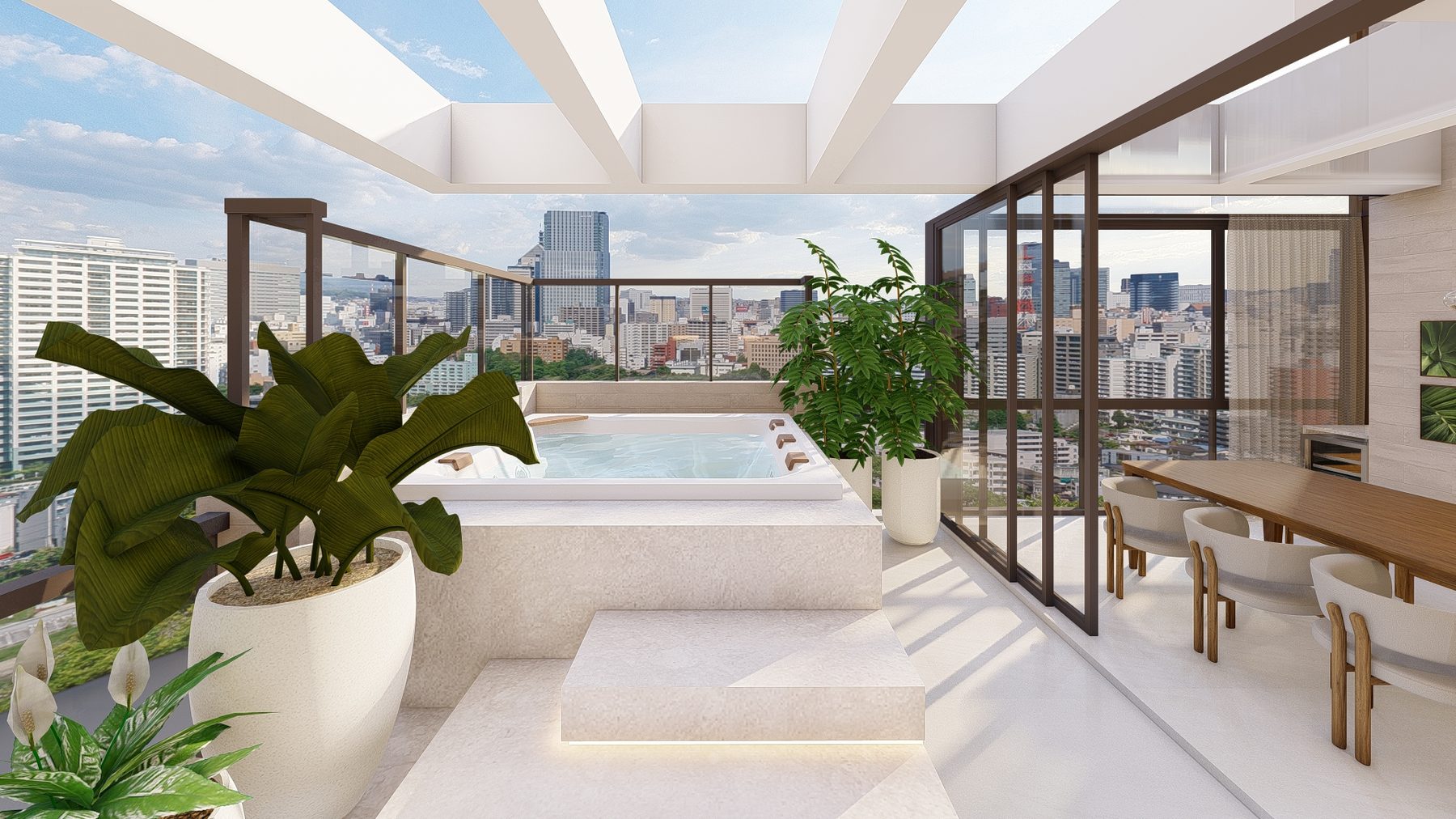 Terraço da cobertura do Villa Boreal Design Residence com jacuzzi e vista da cidade
