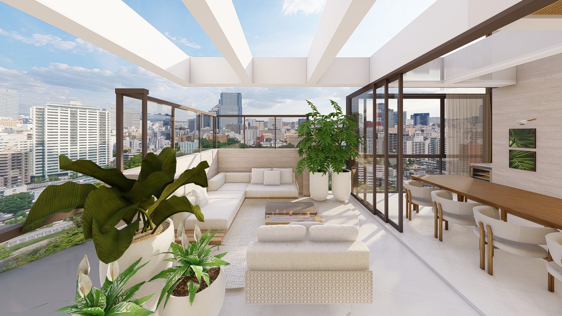 Terraço da Cobertura 804 com estar externo e vista da cidade