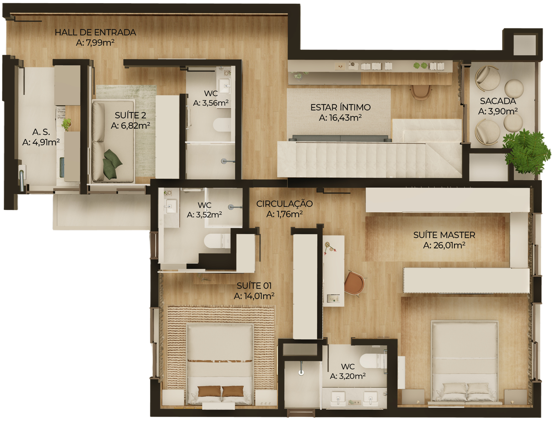 Planta: Suíte master com closet, suíte 01, suíte 02 e área de serviço