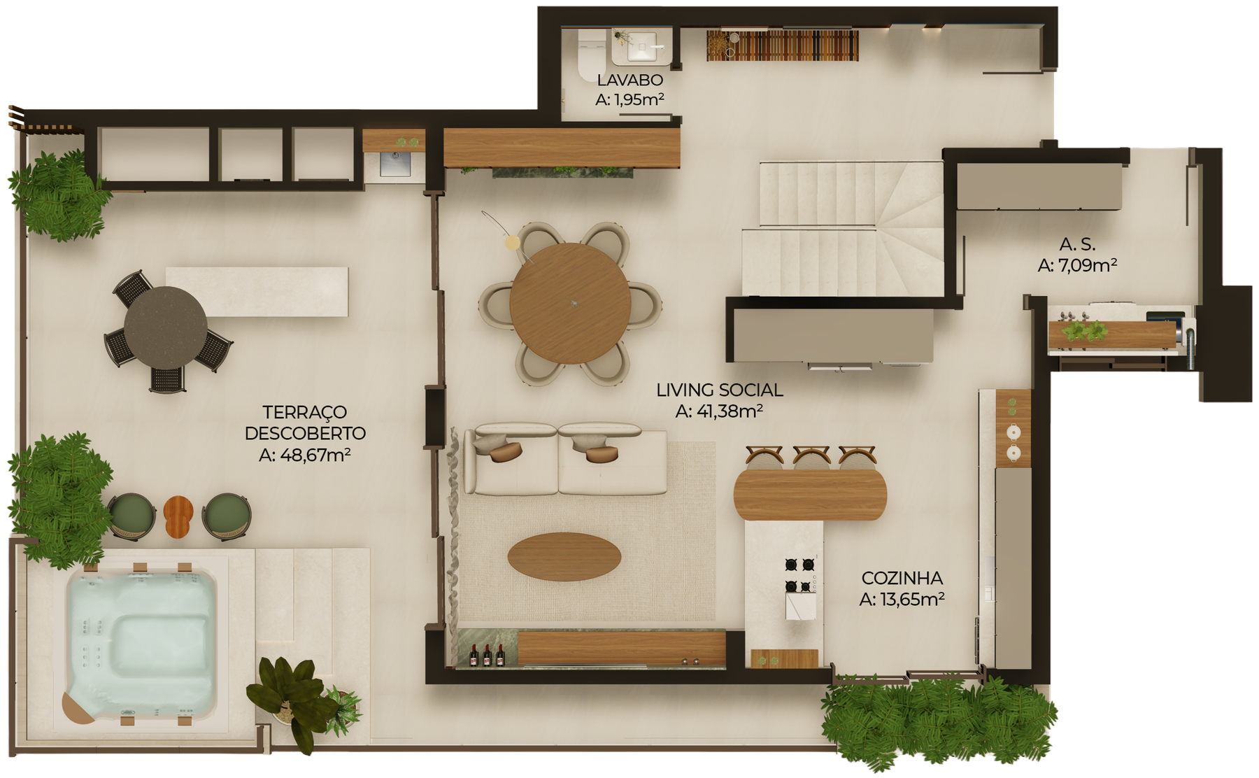 Planta: Living, cozinha, lavabo, área de serviço, terraço gourmet e terraço com opção de jacuzzi